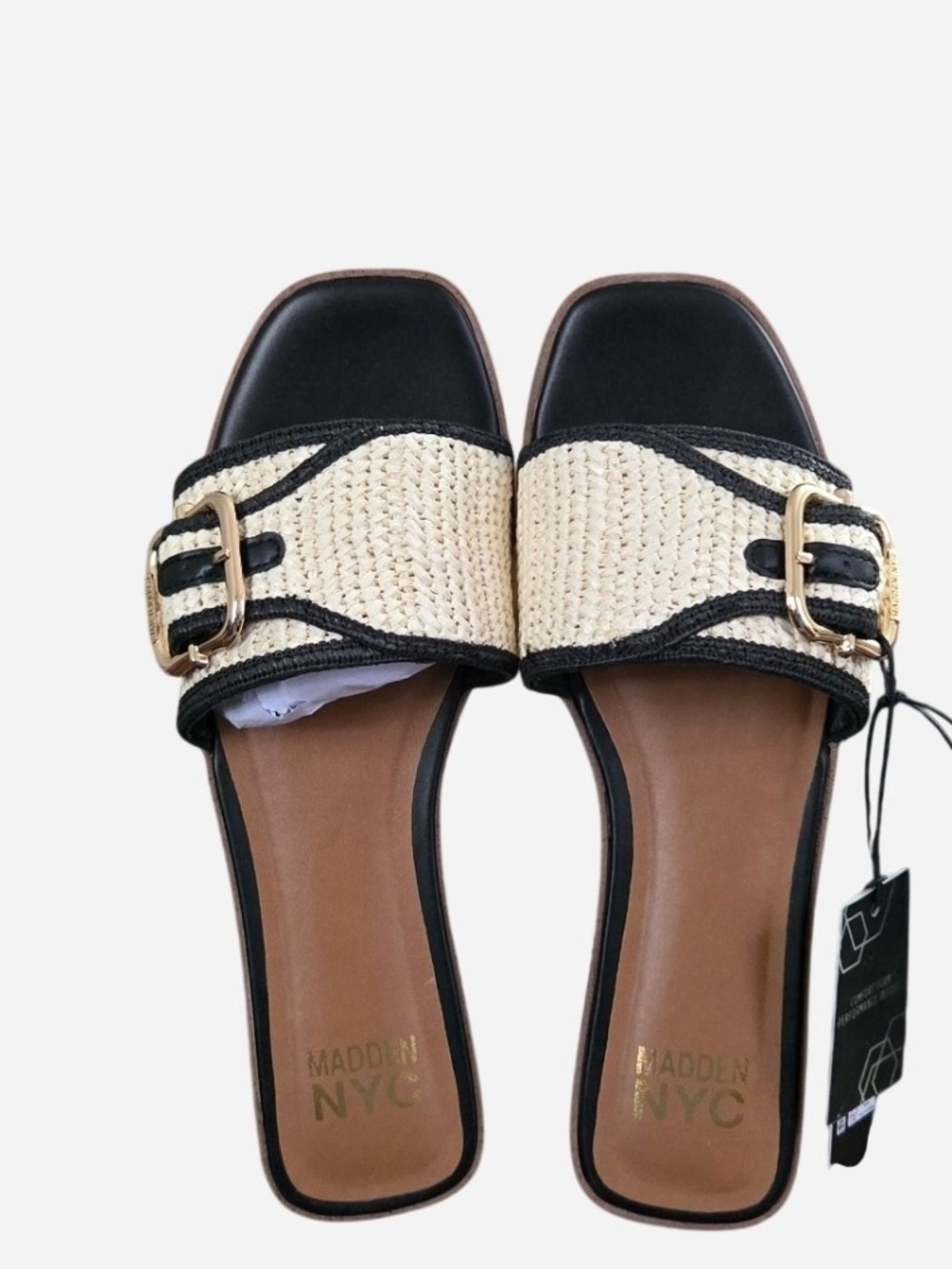 Madden NYC Raffia Buckle Slide Sandals in Black and Natural
